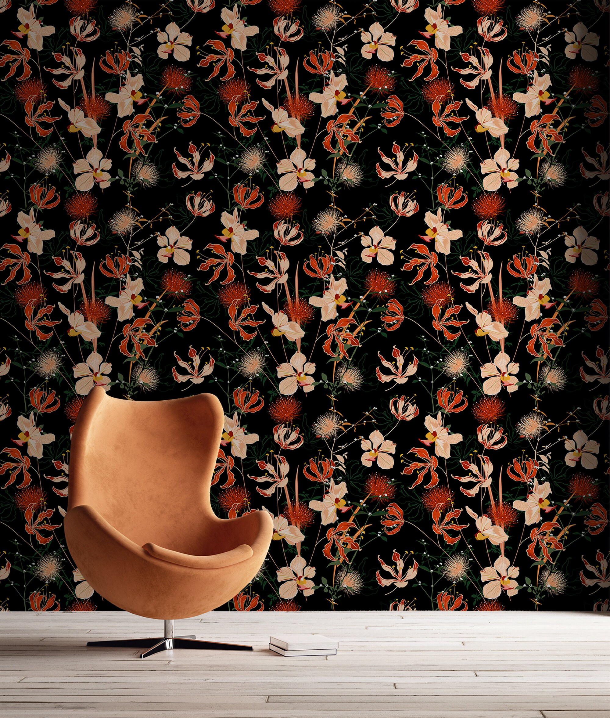 Dark Floral Wallpaper, Orange Orchid Flowers on Black Background