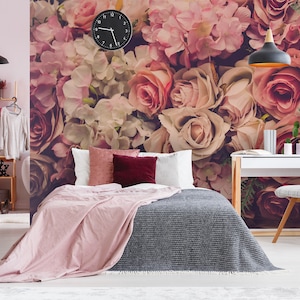 Retro roses wall mural, self adhesive removable wallpaper, floral print, peel and stick wallpaper, wall decor