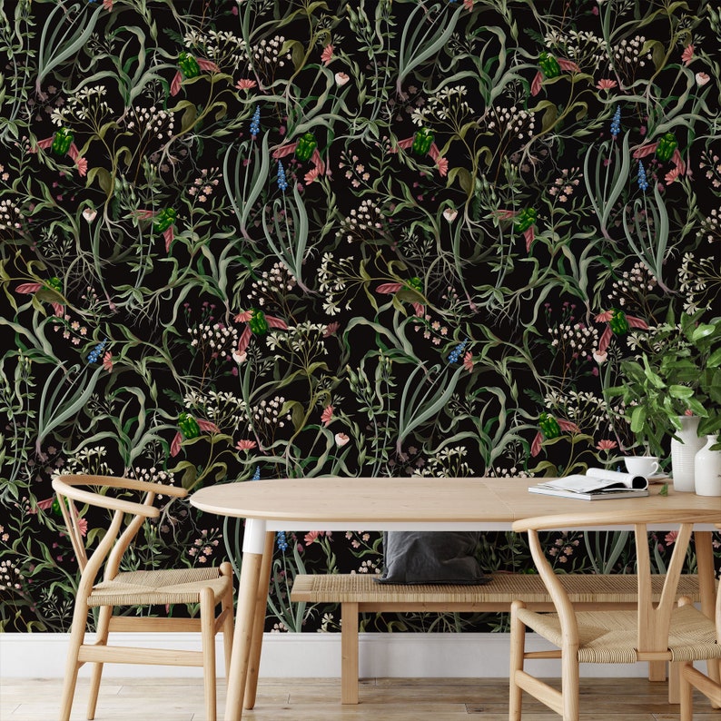 Wallpaper with wild flowers and insects, self adhesive wallpaper, wall mural, peel and stick removable wallpaper, wall decor image 3