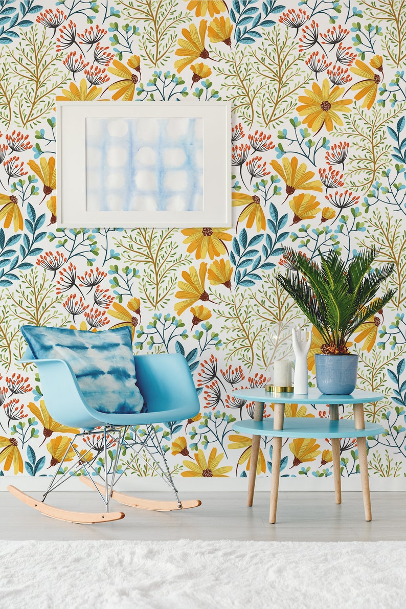 Bohemian floral wallpaper, peel and stick wall mural, self adhesive wallpaper, vintage flroal pattern, removable wallpaper zdjęcie 3