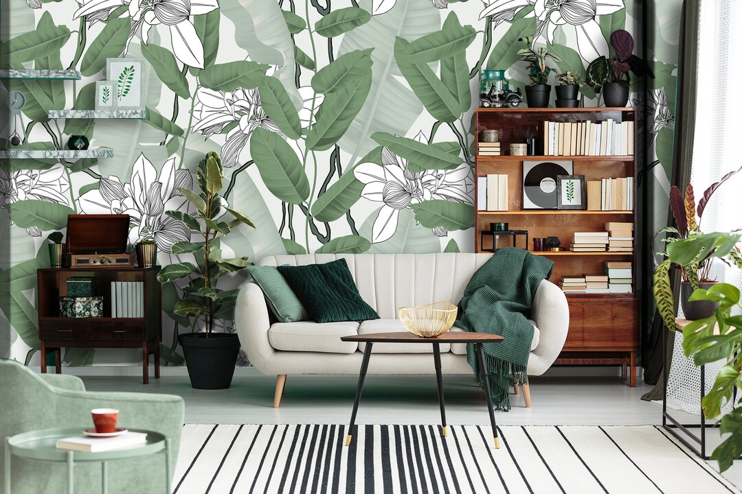 Removable Botanical Wallpaper With Banana Leaves, Peel and Stick Wall ...