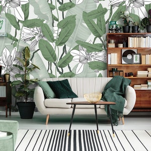 Abnehmbare botanische Tapete mit Bananenblättern, peel and stick Wand Wandbild, florale Wand Deko, Blatt Kunst Wohndekor, temporäre Tapete