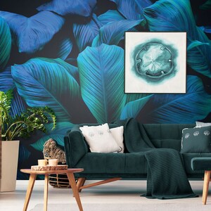 Grüne und blaue Blätter Wand wandbild, peel and stick abnehmbare Tapete, tropische Blätter auf schwarzem Hintergrund, Blätter Druck, Wald Wand Deko