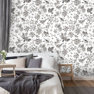 Carta da parati floreale in stile vintage, carta da parati con uccelli e fiori, autoadesiva, stacca e incolla, rimovibile o tradizionale, carta da parati in vinile