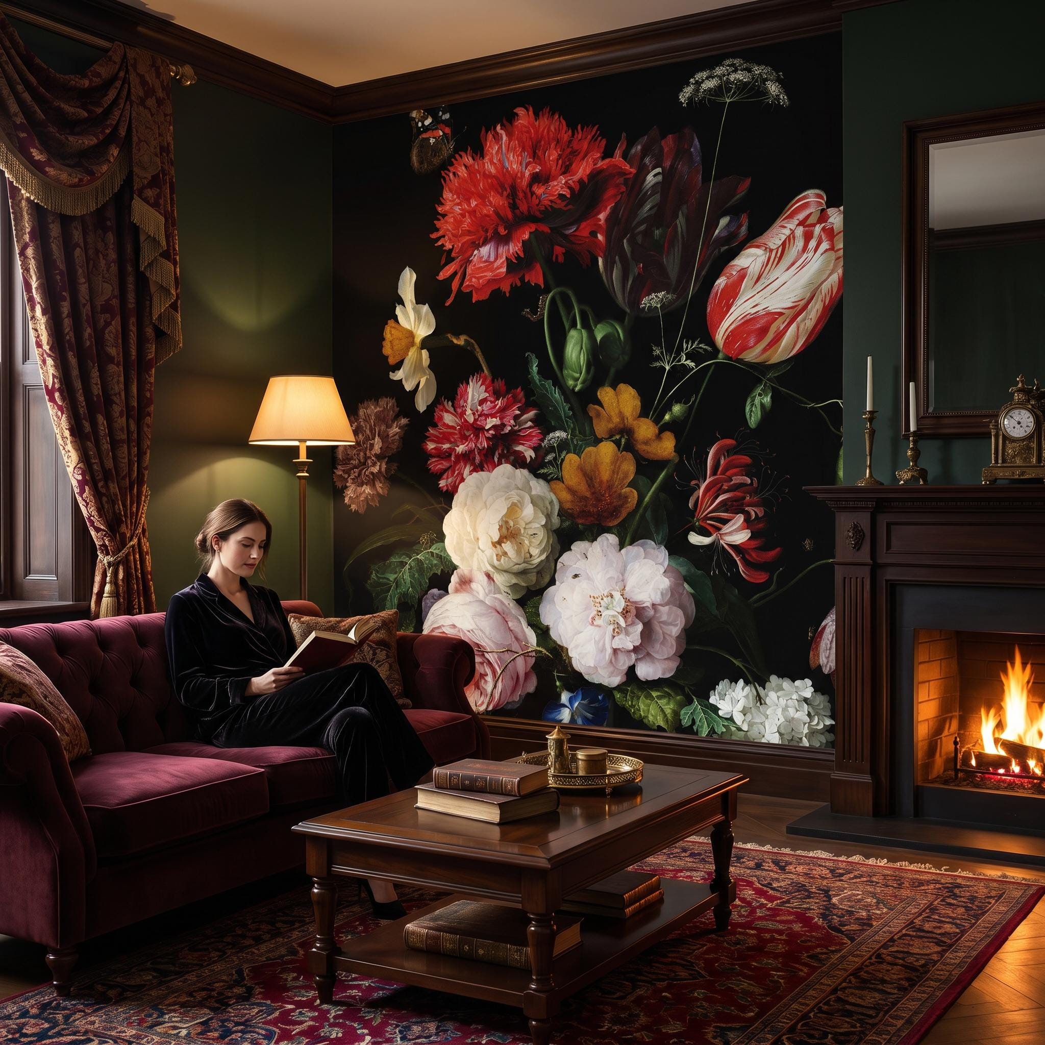 ヴィンテージ風の花柄アート壁画、オランダ絵画、レトロな壁アート