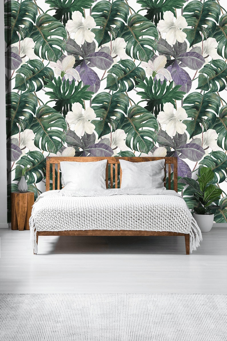 Monstera Leaf Wallpaper Peel and Stick Tropical Wall Mural Etsy