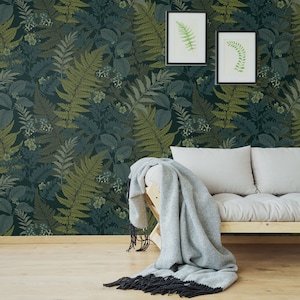 Dark green fern leaf wallpaper, botanical pattern wallpaper, self adhesive, peel and stick, removable or traditional, vinyl wallpaper