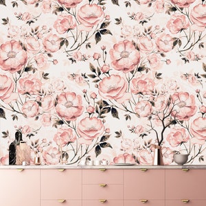 Pink floral wallpaper, peel and stick wallpaper, watercolor nursery wallpaper, temporary self adhesive wallpaper, removable wall decor#