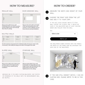 May include: An instructional guide for measuring walls and ordering wallpaper. The image features diagrams for regular, door-window, multiple, sloped, and staircase walls, alongside a step-by-step ordering process with a dropdown menu and a preview.