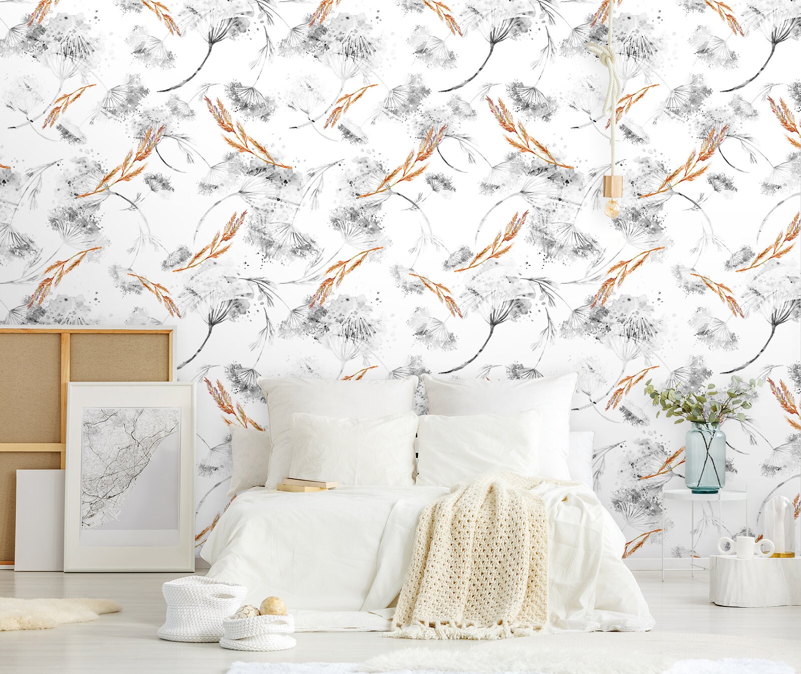 Floral Wallpaper With Watercolor Flowers and Leaves, Peel and Stick ...