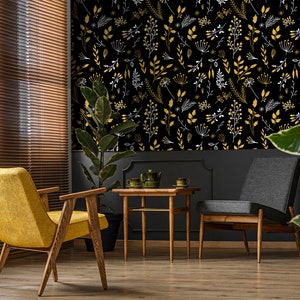 Dunkle botanische Tapete mit Zweigen & Beeren, abnehmbar, selbstklebend Wandbild, temporäre Peel and Stick Tapete