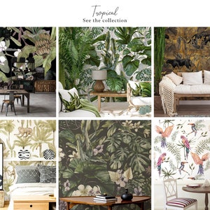 K&ouml;nnte beinhalten: Sechs verschiedene Tapetendesigns im tropischen Stil mit &uuml;ppigem gr&uuml;nem Laub, exotischen Blumen und Tieren wie Papageien, Tukanen und Panthern. Die Designs werden in verschiedenen Raumsituationen gezeigt, darunter ein Esszimmer, ein Wohnzimmer und ein Schlafzimmer.