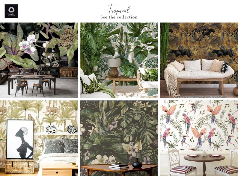 K&ouml;nnte beinhalten: Sechs verschiedene Tapetendesigns im tropischen Stil mit &uuml;ppigem gr&uuml;nem Laub, exotischen Blumen und Tieren wie Papageien, Tukanen und Panthern. Die Designs werden in verschiedenen Raumsituationen gezeigt, darunter ein Esszimmer, ein Wohnzimmer und ein Schlafzimmer.