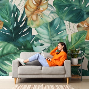 Tropical wallpaper, green and orange leaves  pattern, self adhesive, peel and stick, removable or traditional, vinyl wallpaper