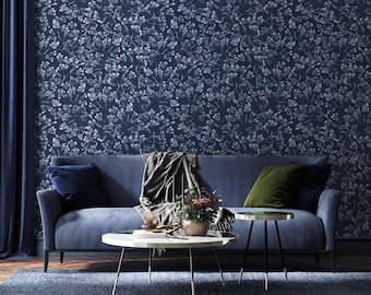 Dark blue floral wallpaper, delicate botanical floral pattern, self adhesive, peel and stick, removable or traditional, vinyl wallpaper