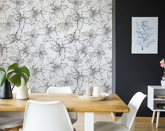 Black and white flowers and butterflies wallpaper, self adhesive removable wallpaper, floral wall mural, temporary, peel and stick wallpaper