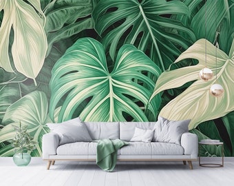 Mural de pared tropical verde, papel tapiz de hojas de palmera, autoadhesivo, despegable y pegable, removible o tradicional, papel tapiz de vinilo