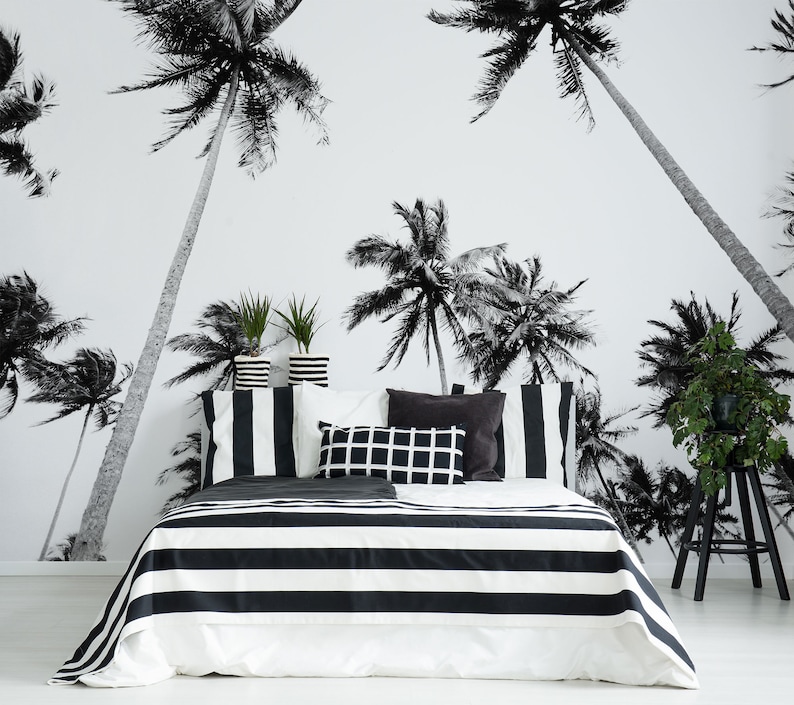 Black and white palm tree wall mural, tropical tree wallpaper, self adhesive removable wallpaper, peel and stick wallpaper, wall decor image 3