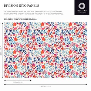 May include: Wallpaper with a repeating floral pattern featuring red and orange flowers, blue and purple leaves, and small dots on a cream background. Text includes DIVISION INTO PANELS, FloralArt WALLPAPER, and dimensions 300x200cm or 118.1x78.7 inches.