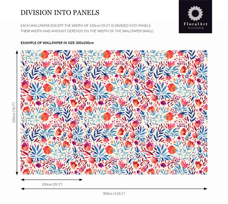 May include: Wallpaper with a repeating floral pattern featuring red and orange flowers, blue and purple leaves, and small dots on a cream background. Text includes DIVISION INTO PANELS, FloralArt WALLPAPER, and dimensions 300x200cm or 118.1x78.7 inches.