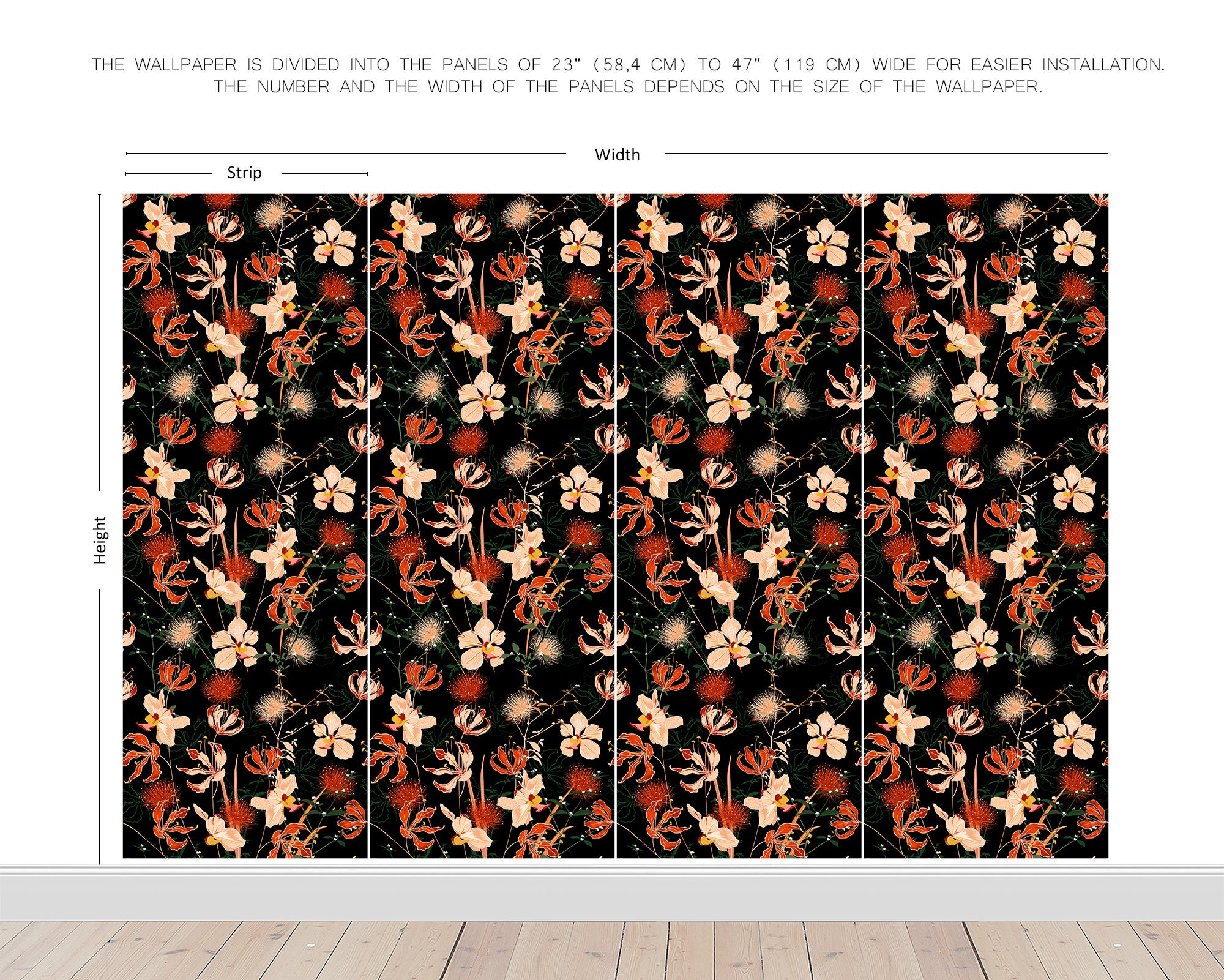 Dark Floral Wallpaper, Orange Orchid Flowers on Black Background