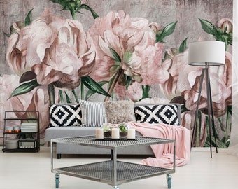 Grunge floral wall mural, pink flowers wallpaper, self adhesive, peel and stick, removable or traditional, vinyl wallpaper