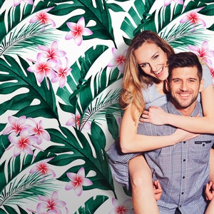 Jungle wallpaper with tropical leaves and flowers, peel and stick wall mural, wall decor, temporary wallpaper, home decor