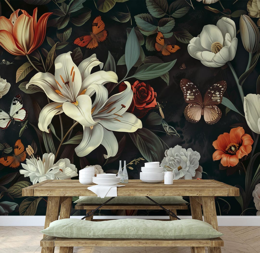Dark Floral Wallpaper, Vintage Botanical Wall Mural, Self Adhesive ...