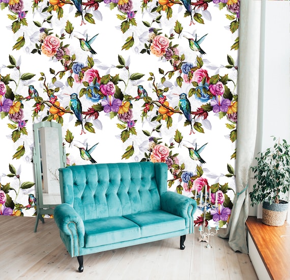  Papel pintado autoadhesivo de PVC Classis vintage, juego de  flores de jardín con tetas, pájaros y flores, papel pintado para pared,  póster de pared, decoración del hogar, para sala de estar