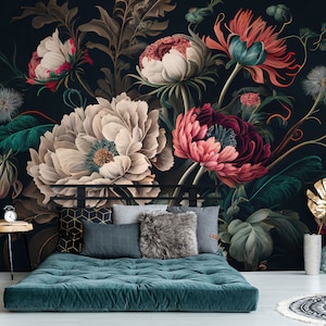 Dark floral mural, bouquet of beautiful flowers on dark background, self adhesive, peel and stick, removable or traditional, vinyl wallpaper