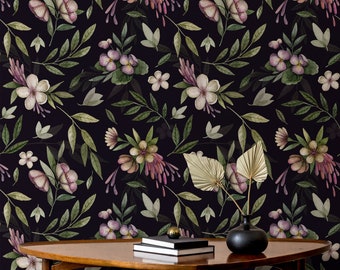 Black botanical wallpaper, flowers on black background, self adhesive, peel and stick, removable or traditional, vinyl wallpaper