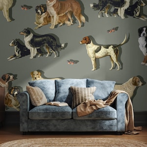 Vintage dog & butterfly wallpaper, animal and insect pattern, self adhesive, peel and stick, removable or traditional, vinyl wallpaper
