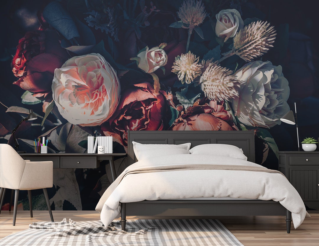 Dark Wall Mural With Floral Bouquet, Peel and Stick Removable Wallpaper ...