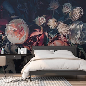 Donkere muurschildering met bloemenboeket, verwijderbaar behangpapier, bladprint, bloemenmuurkunst, muurdecoratie