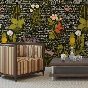 Dark botanical wallpaper with handwriten pattern, herbal wallpaper, insect wall art, peel & stick wall mural, self adhesive, wall decor