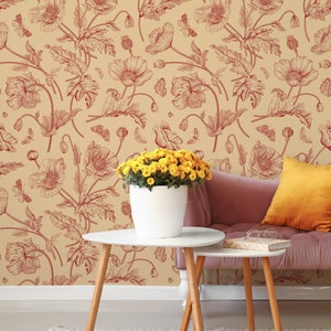 Poppy flowers wallpaper, wildflowers wall mural, vintage wallpaper, self adhesive, peel and stick, removable or traditional, vinyl wallpaper