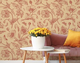 Poppy flowers wallpaper, wildflowers wall mural, vintage wallpaper, self adhesive, peel and stick, removable or traditional, vinyl wallpaper