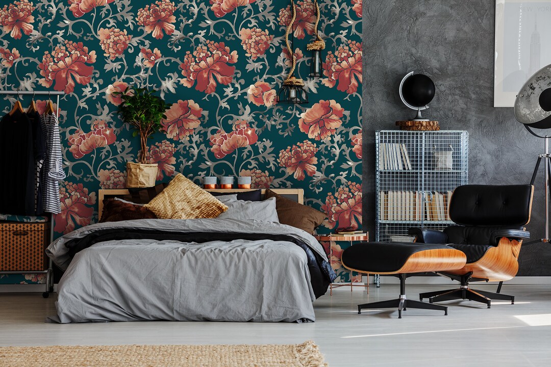 Red Chrysanthemum Wallpaper, Peel and Stick, Dark Floral Wall Mural ...