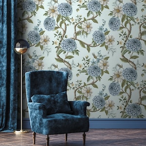 Dahlien- und Magnolienblumen-Tapete, blaue Blumentapete, selbstklebend, schälen und aufkleben, abnehmbar oder traditionell, Vinyl-Tapete