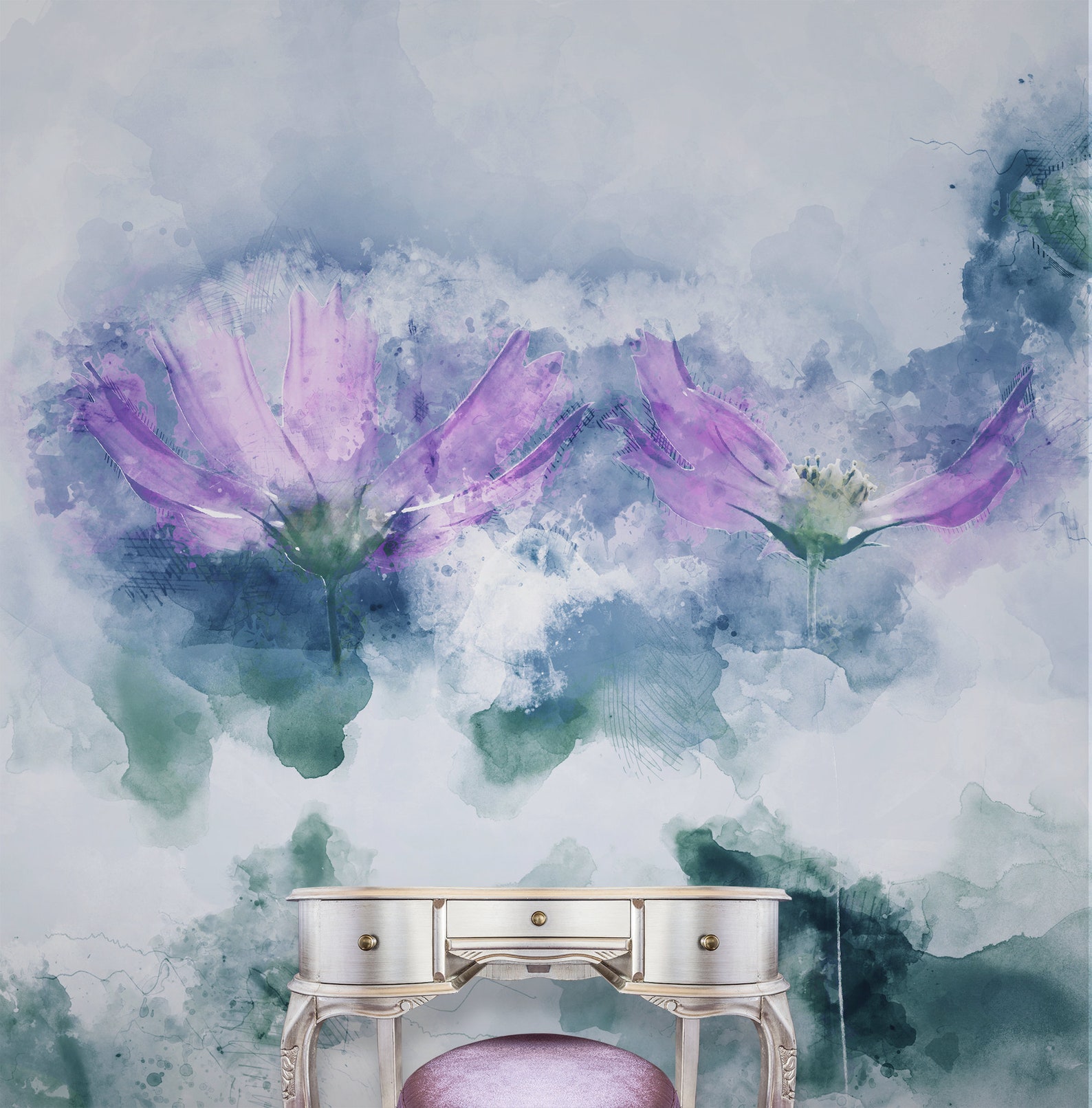 Purple Grey Floral Wallpaper, Self Adhesive Removable Wallpaper, Watercolor Floral Wall Art