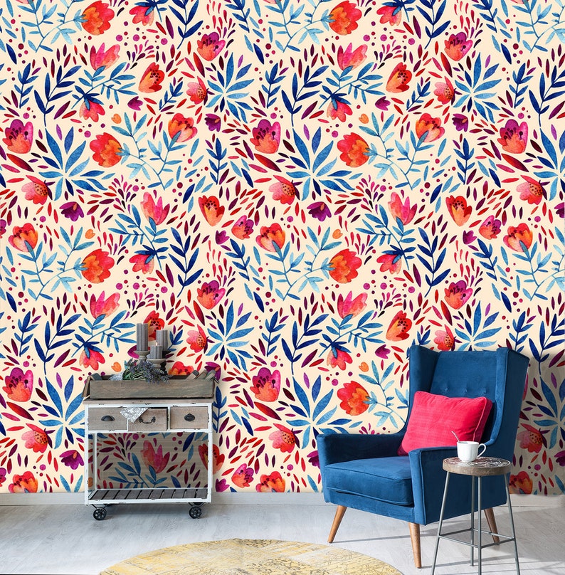 Red poppies wallpaper self adhesive wallpaper floral Etsy