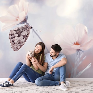 Cosmos flower and butterfly wall mural, peel and stick removable wallpaper, dark botanical background, flower print, floral wall decor