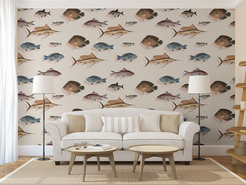 Computer Wallpapers Fish Pattern Vintage Style Wallpaper, Fish Pattern, Self Adhesive, Peel and Stick ...