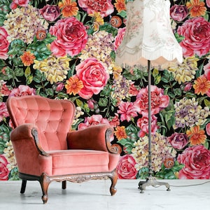 Dark floral garden wallpaper, watercolor rose print, peel and stick wallpaper, self adhesive, removable, wall decor