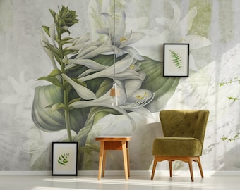 Grunge floral mural, flower and leaf on concrete wall, self adhesive, peel and stick, removable or traditional, vinyl wallpaper