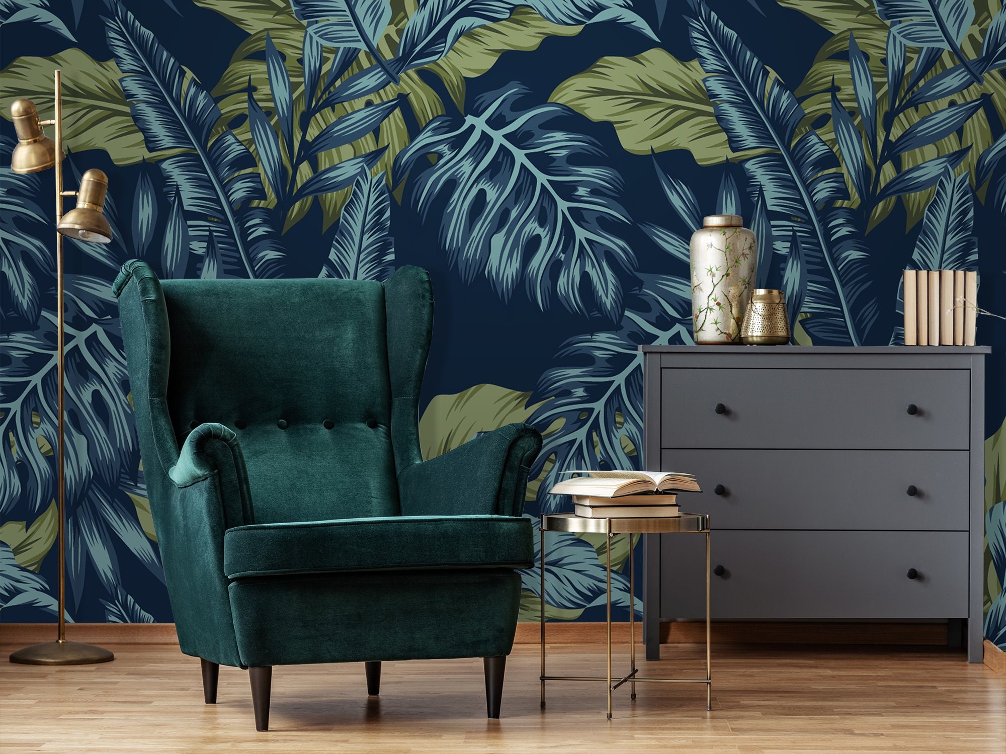 Wall Decor Dark Green Tropical Wallpaper with Palm Leaves Exotic Leaves