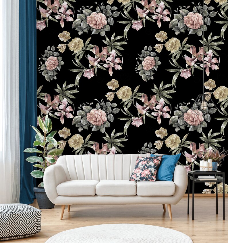 Dark Roses Wallpaper Peel and Stick Wall Mural With Etsy