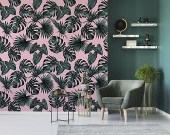 Tropical leaves wallpaper, monstera leaf on pink background, self adhesive, peel and stick, removable or traditional, vinyl wallpaper