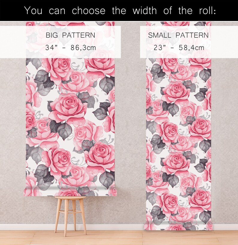 Puede incluir: Dos muestras de papel tapiz con un patr&oacute;n floral rosa. La muestra de la izquierda tiene 34 pulgadas de ancho y la muestra de la derecha tiene 23 pulgadas de ancho. El texto "BIG PATTERN" y "SMALL PATTERN" se muestra encima de cada muestra.