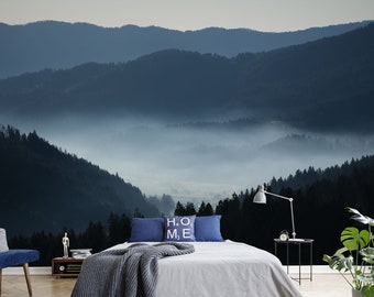 Foggy mountains wall mural, forest landscape wallpaper, self adhesive removable wallpaper, peel and stick wallpaper, wall decor
